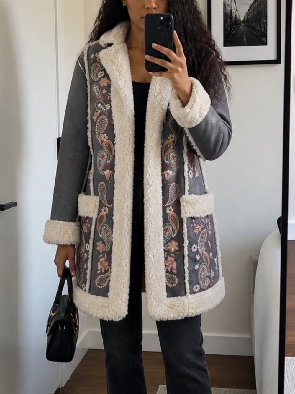 Johnny Was Gray Paisley Faux-Shearling Trim Coat